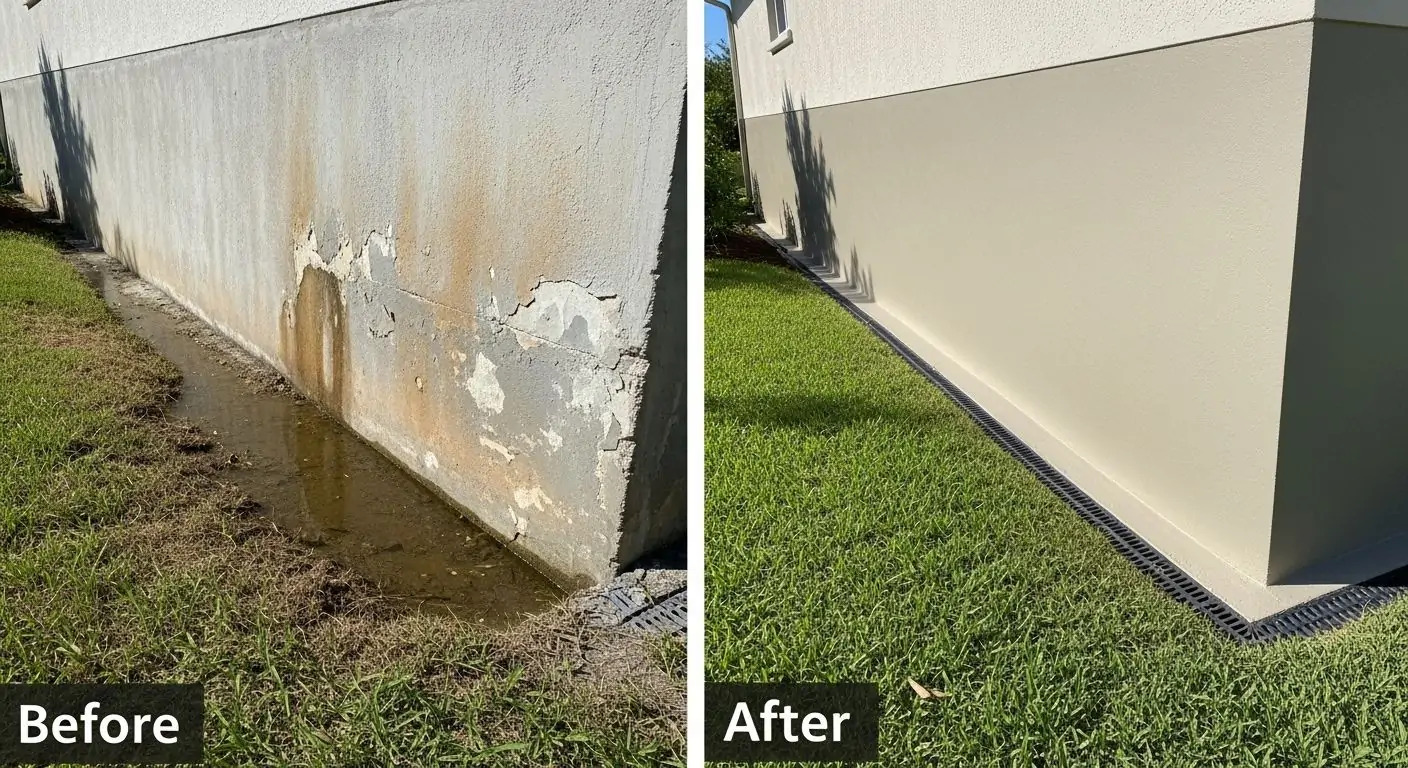 Before and after: water pooling against foundation vs. controlled drainage after installation